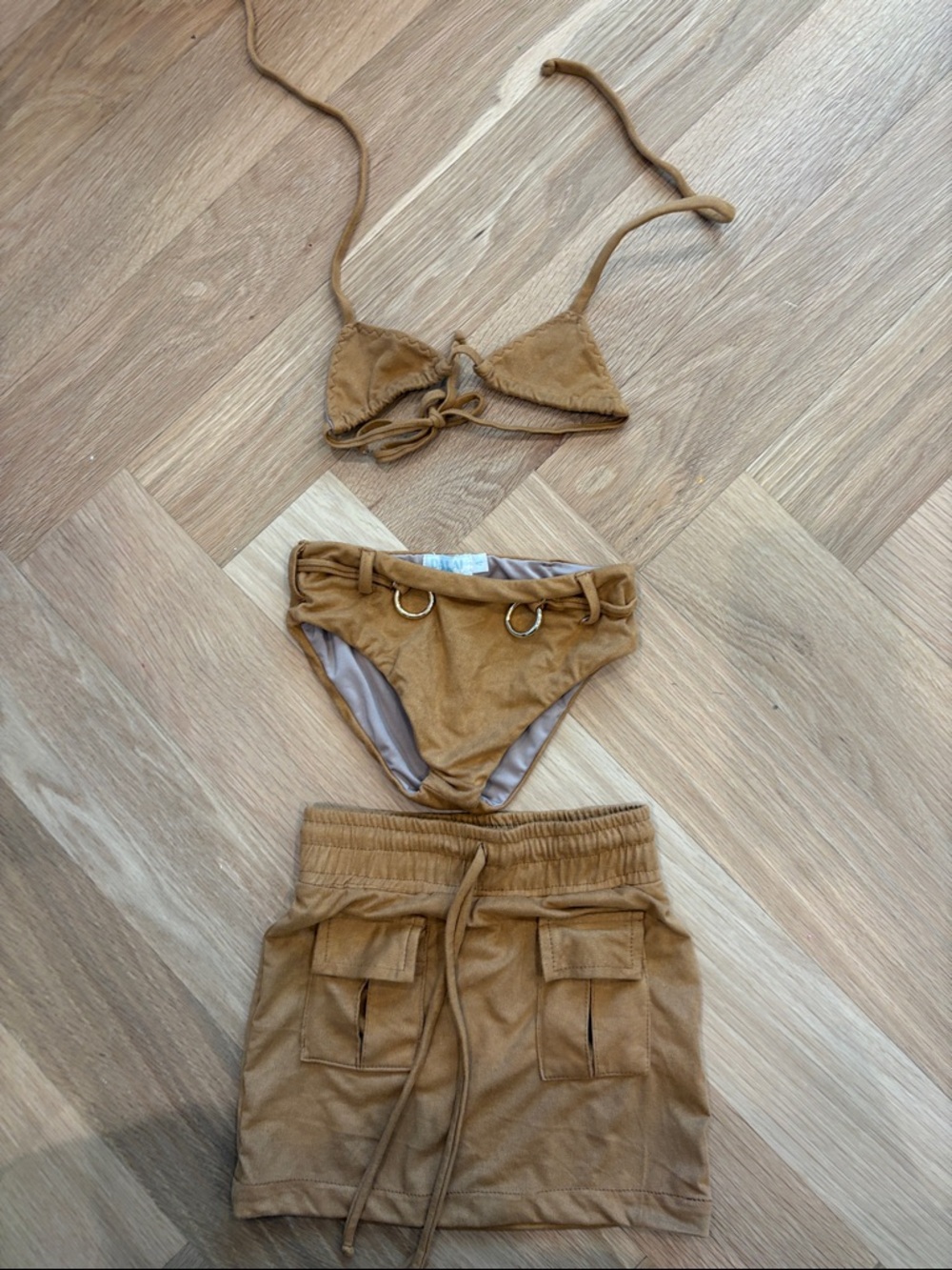 Kids Suede-Texture Bikini Set with Skirt - Tan